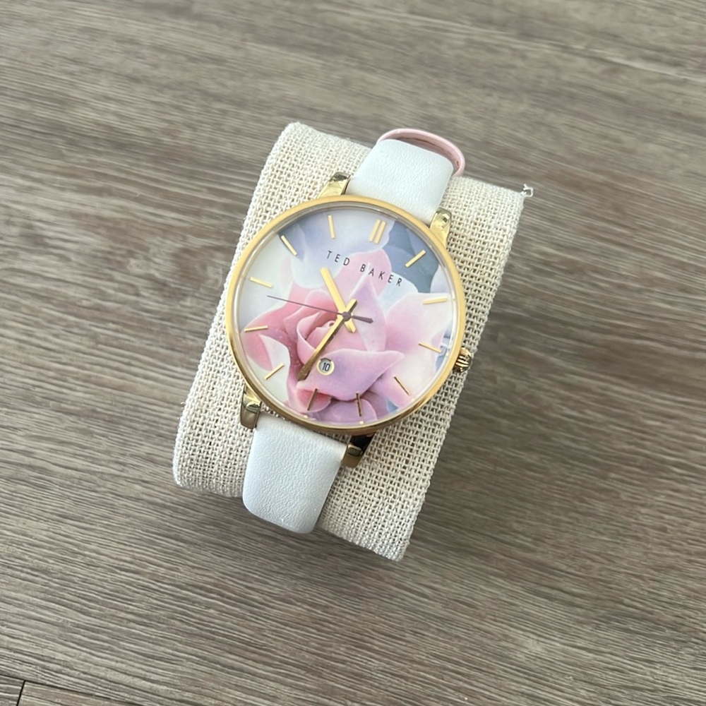 Ted Baker Floral Face White Band Large Face Genuine Leather Watch